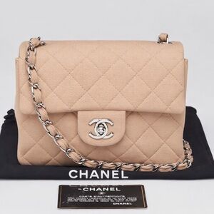 CHANEL Mini Flap Beige Quilted Canvas Classic Square Bag 💯Authentic